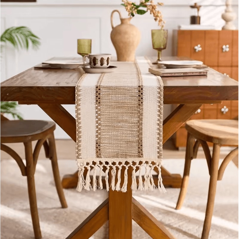 Nordic Boho Striped Green Table Runner Handwoven Tassel Linen For Rustic Modern Homes 1