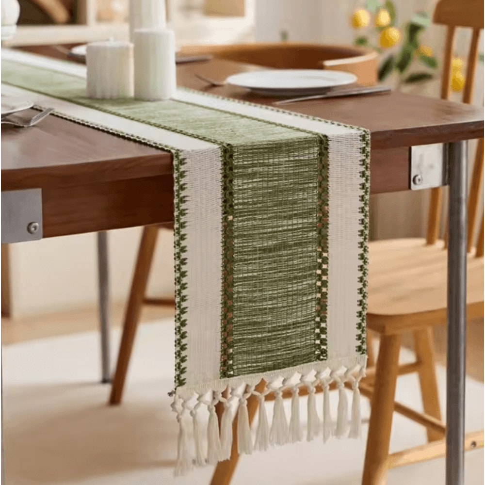 Nordic Boho Striped Green Table Runner Handwoven Tassel Linen For Rustic Modern Homes 2