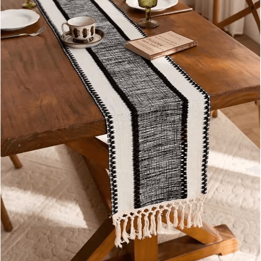 Nordic Boho Striped Green Table Runner Handwoven Tassel Linen For Rustic Modern Homes 4