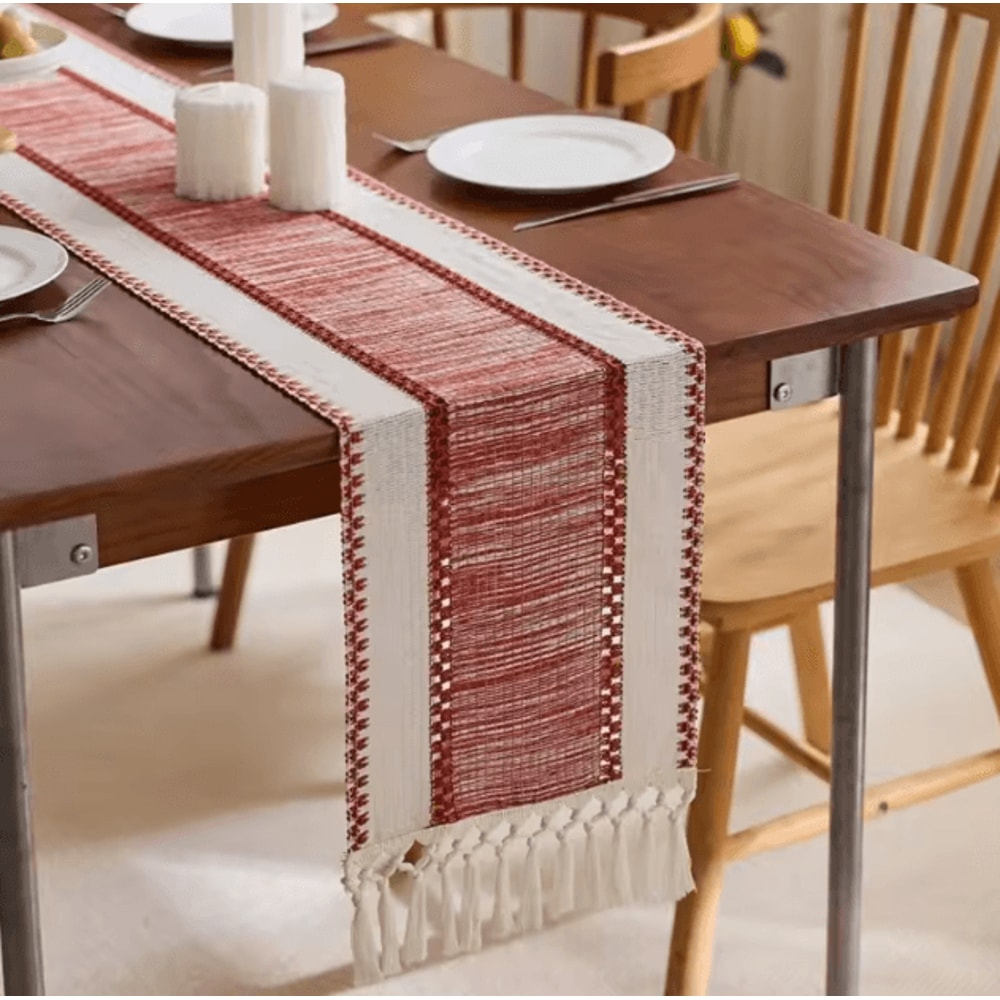 Nordic Boho Striped Green Table Runner Handwoven Tassel Linen For Rustic Modern Homes 5