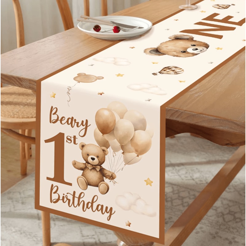 Cute Teddy Bear Birthday Table Runner Baby Shower 1st Birthday Party Table Decor 180 35cm 0
