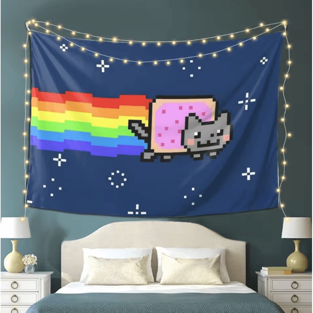 Nyan Cat Pixel Art Tapestry Retro Gaming Wall Hanging Aesthetic Decor 3