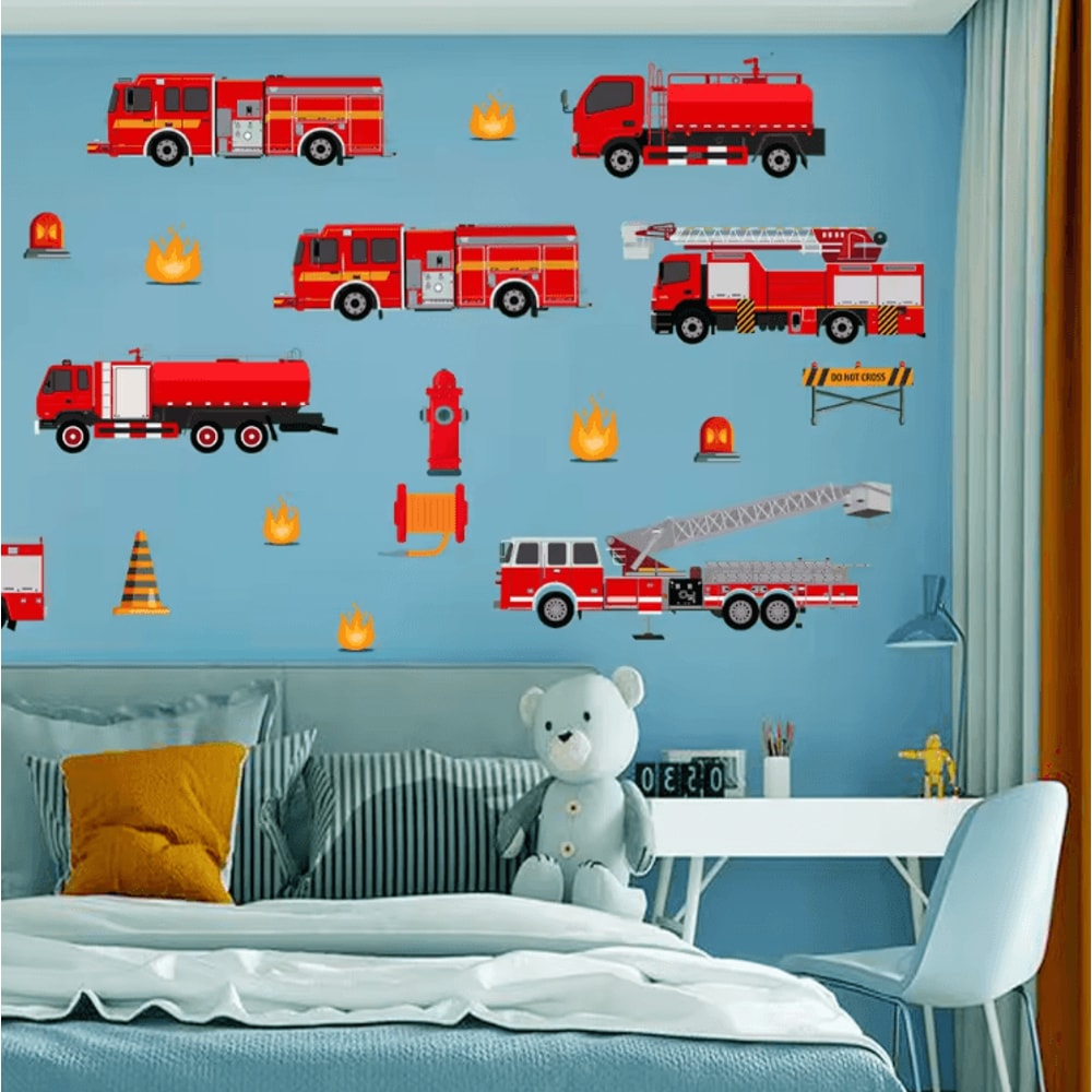 Cartoon Fire Truck Wall Decals Kids Room Peel Stick Nursery Wall Decor 0