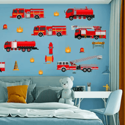 cartoon fire truck wall decals – kids room peel & stick nursery wall decor