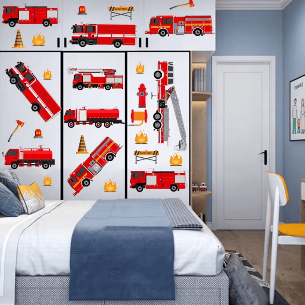 Cartoon Fire Truck Wall Decals Kids Room Peel Stick Nursery Wall Decor 2