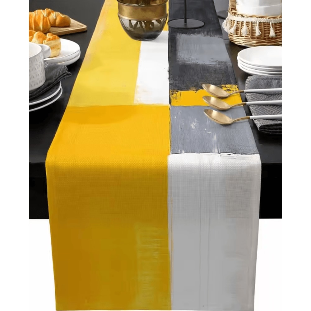 Abstract Yellow Linen Table Runner Modern Geometric Kitchen Dining Table Decor 0