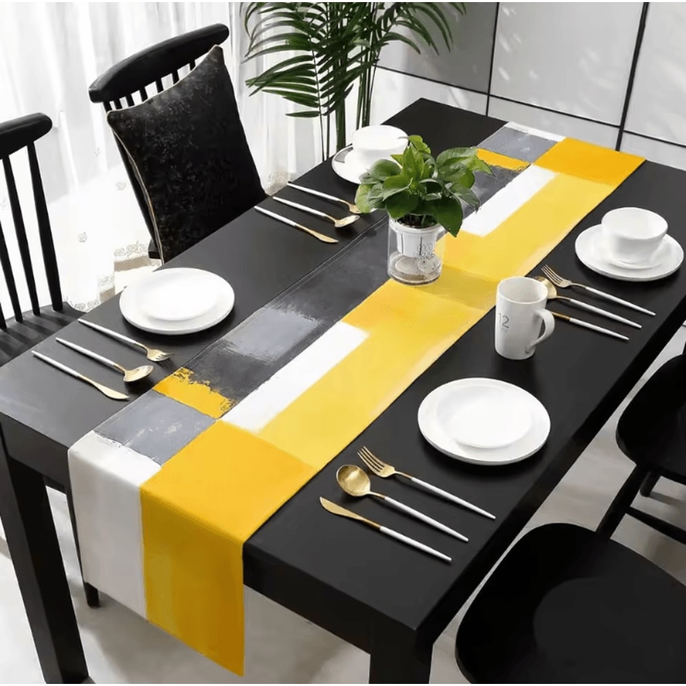 Abstract Yellow Linen Table Runner Modern Geometric Kitchen Dining Table Decor 1
