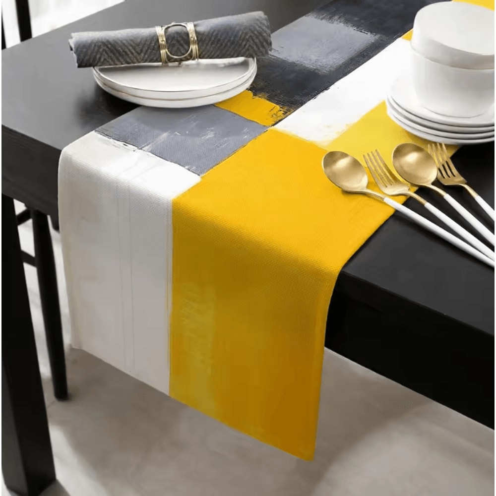 Abstract Yellow Linen Table Runner Modern Geometric Kitchen Dining Table Decor 2