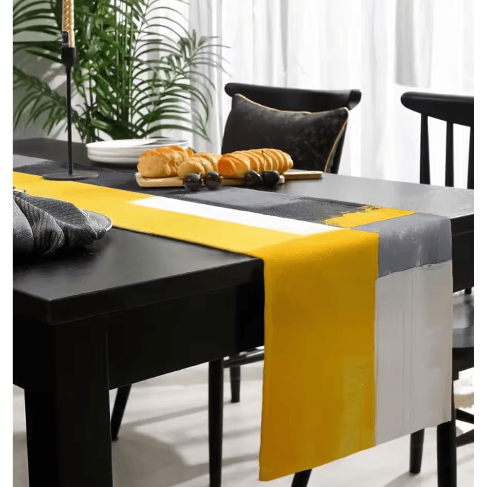 Abstract Yellow Linen Table Runner Modern Geometric Kitchen Dining Table Decor 3