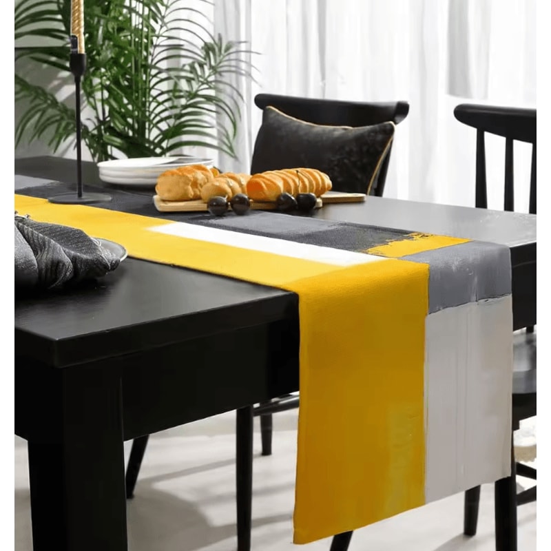 Abstract Yellow Linen Table Runner Modern Geometric Kitchen Dining Table Decor 3