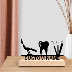 personalized dentist metal art sculpture – custom desktop decor with wooden base