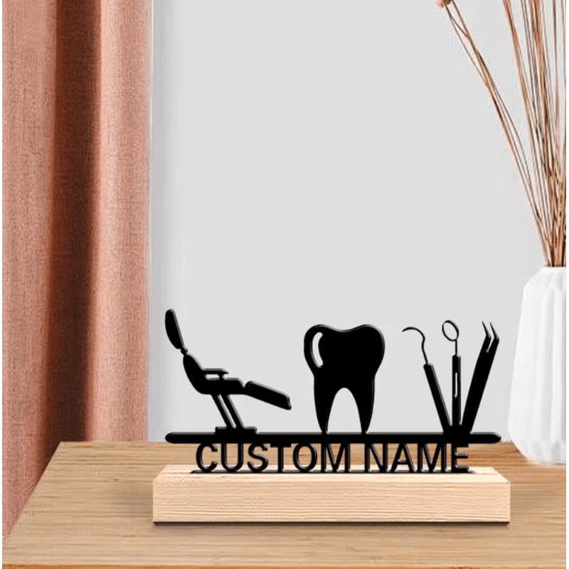 Personalized Dentist Metal Art Sculpture Custom Desktop Decor With Wooden Base 0