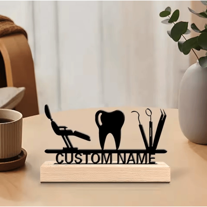 Personalized Dentist Metal Art Sculpture Custom Desktop Decor With Wooden Base 1