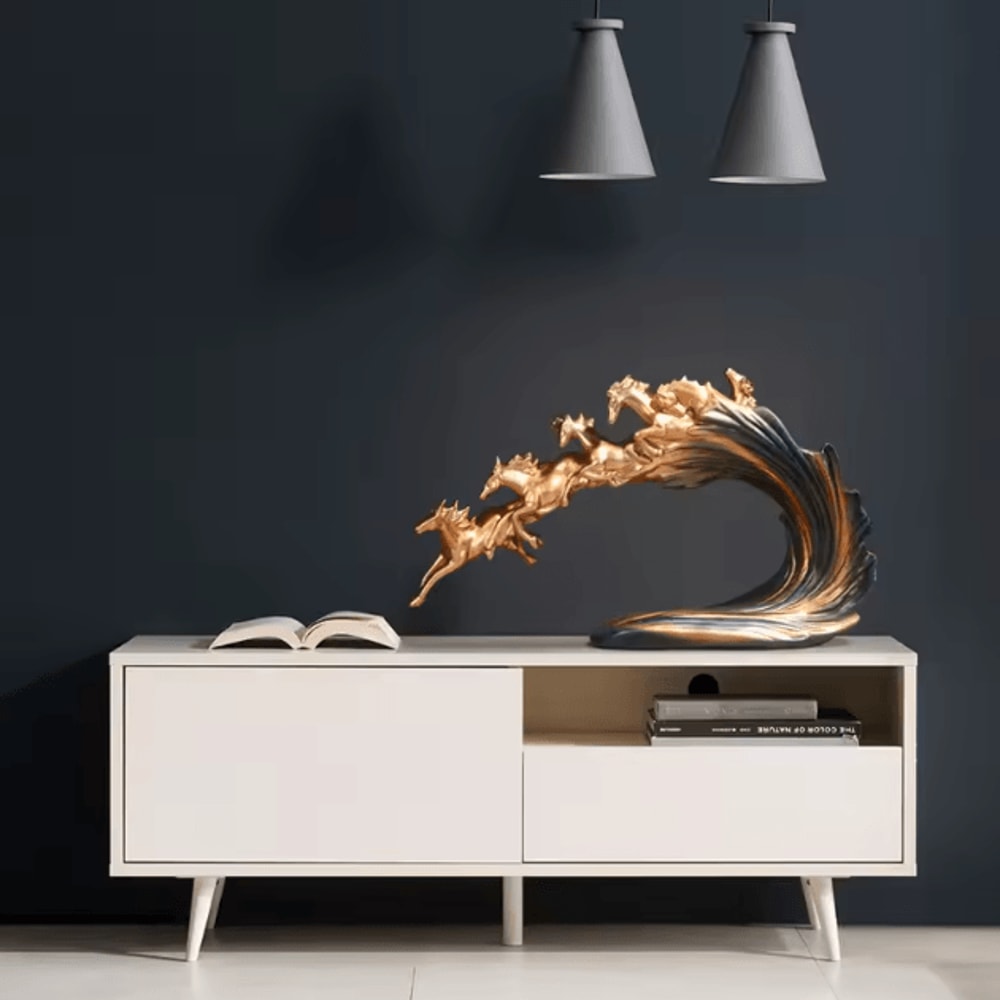 Add Movement Power And Elegance To Your Space With This Striking Gold Horse Statue Decor Featuring 3