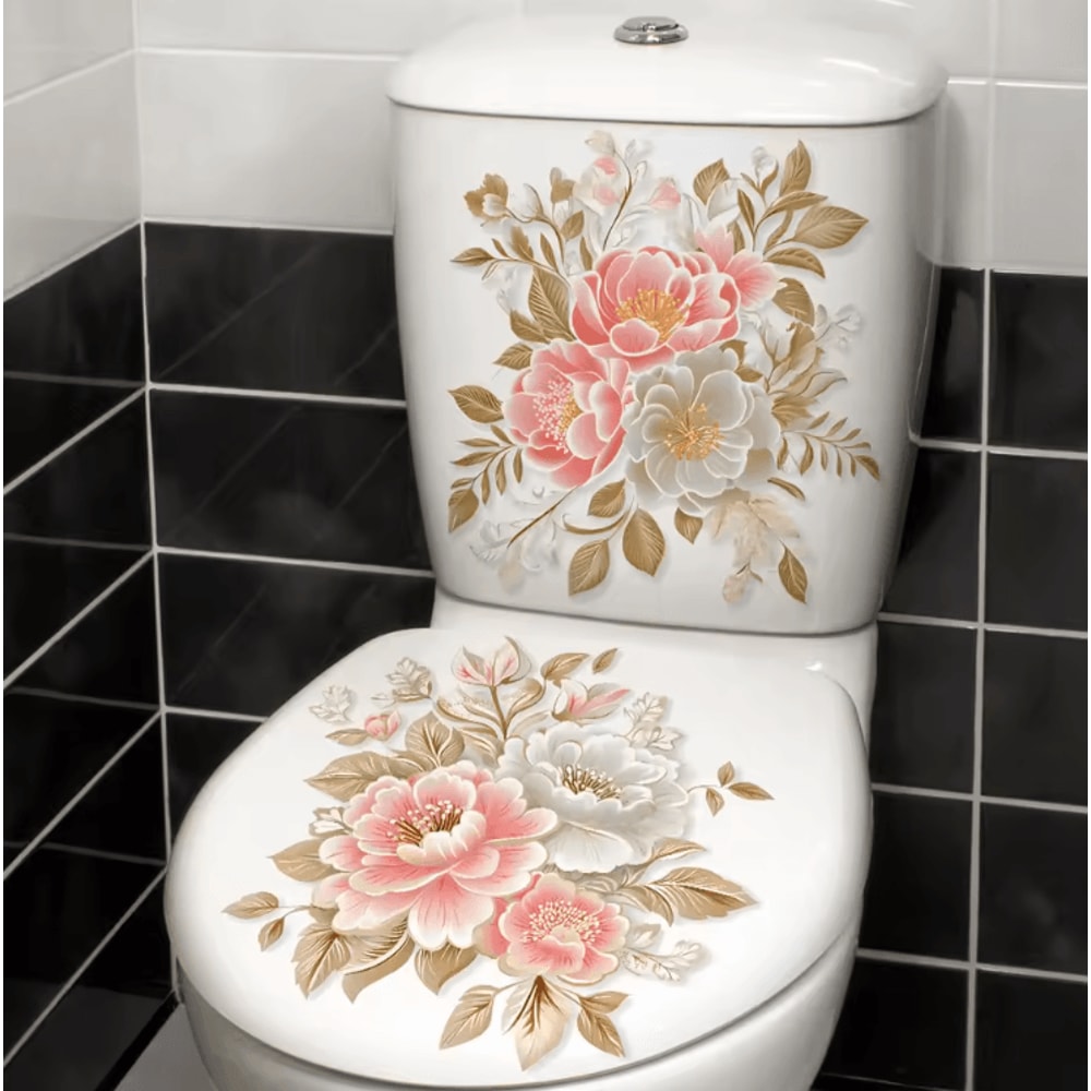 Golden Flower Toilet Sticker Waterproof SelfAdhesive Bathroom Decor Decal 0