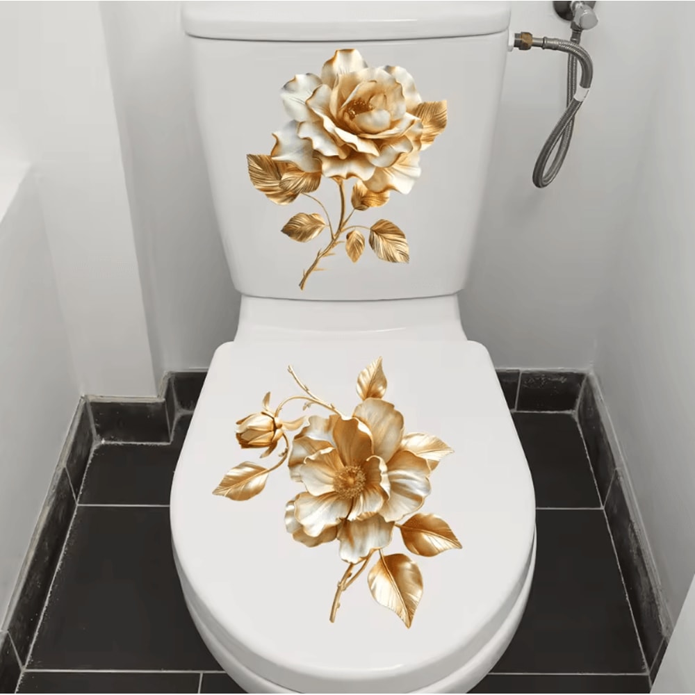 Golden Flower Toilet Sticker Waterproof SelfAdhesive Bathroom Decor Decal 4