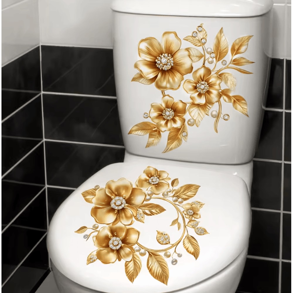 Golden Flower Toilet Sticker Waterproof SelfAdhesive Bathroom Decor Decal 6