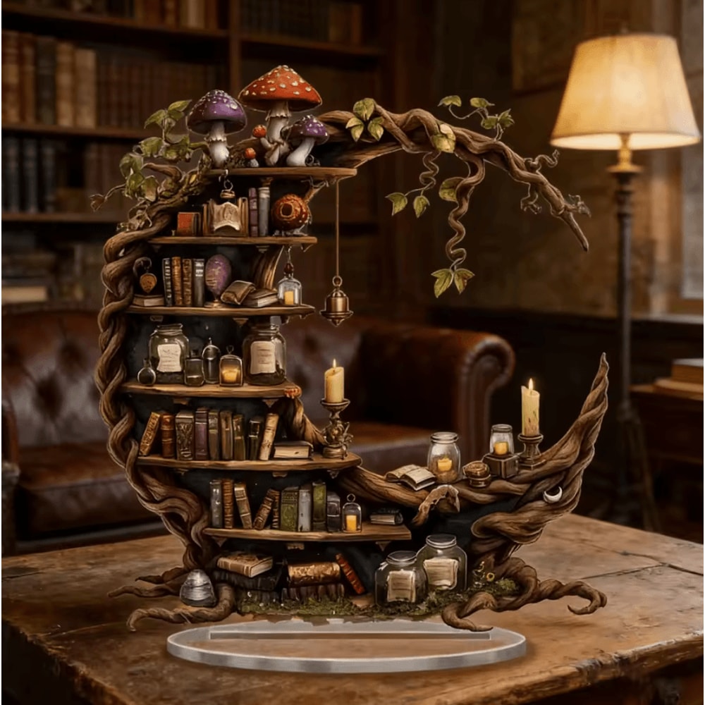 Bohemian Moon Acrylic Bookshelf Decor 2D Crystal Hanging Art With Fairy Light Display 1