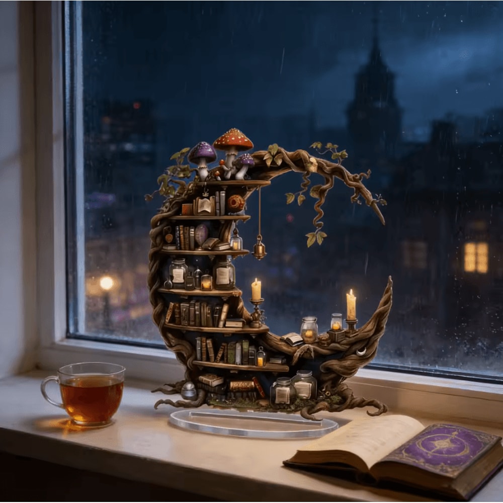Bohemian Moon Acrylic Bookshelf Decor 2D Crystal Hanging Art With Fairy Light Display 3