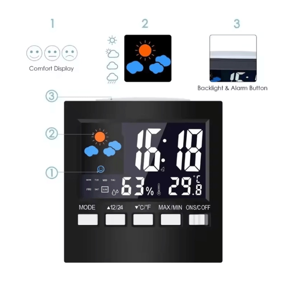 MultiFunction LCD Weather Station Clock Indoor Temperature Humidity Monitor With Voice Control 3