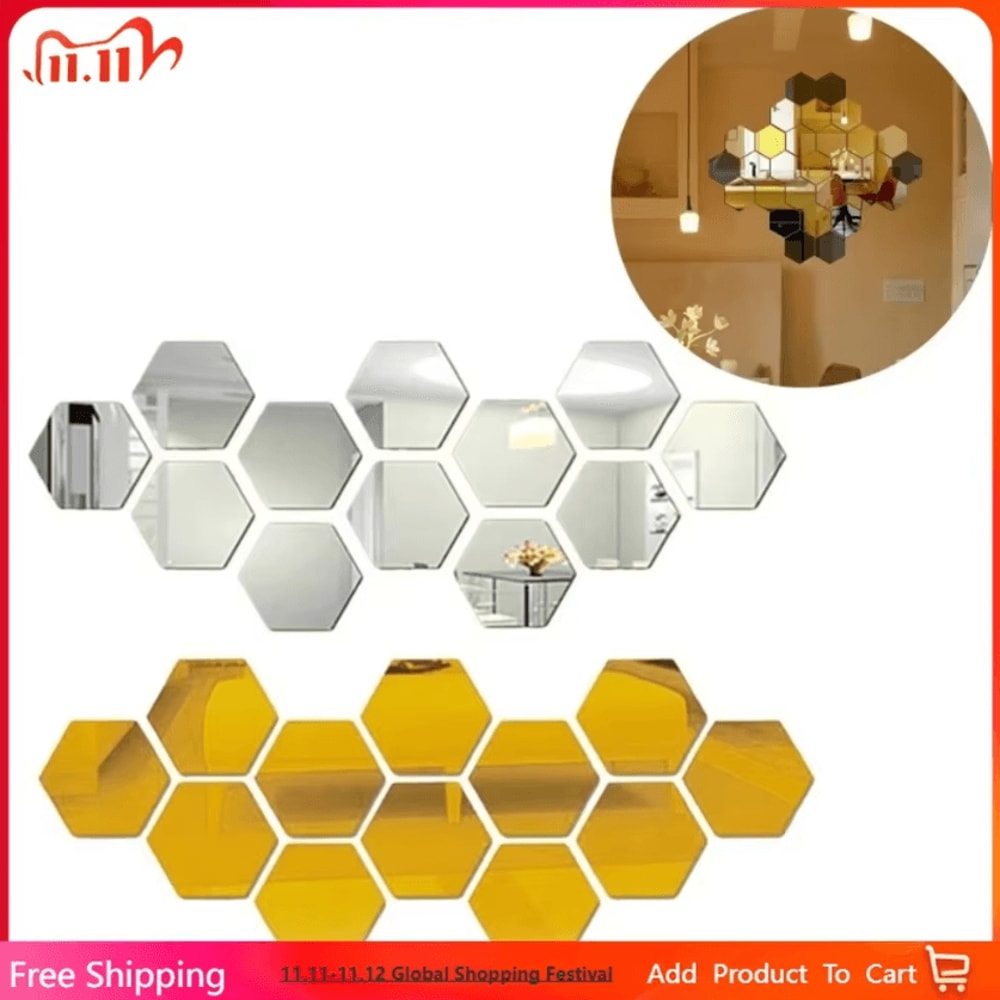 12PCS Hexagon Mirror Wall Stickers Acrylic SelfAdhesive 3D Mosaic Decor Tiles 0