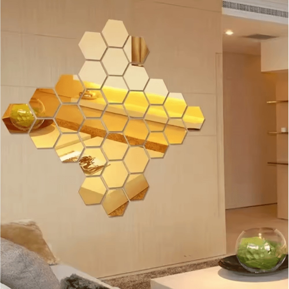 12PCS Hexagon Mirror Wall Stickers Acrylic SelfAdhesive 3D Mosaic Decor Tiles 2