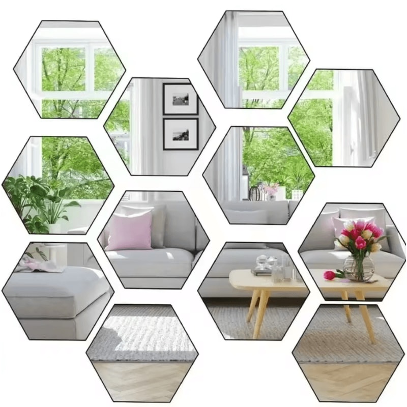 12PCS Hexagon Mirror Wall Stickers Acrylic SelfAdhesive 3D Mosaic Decor Tiles 3