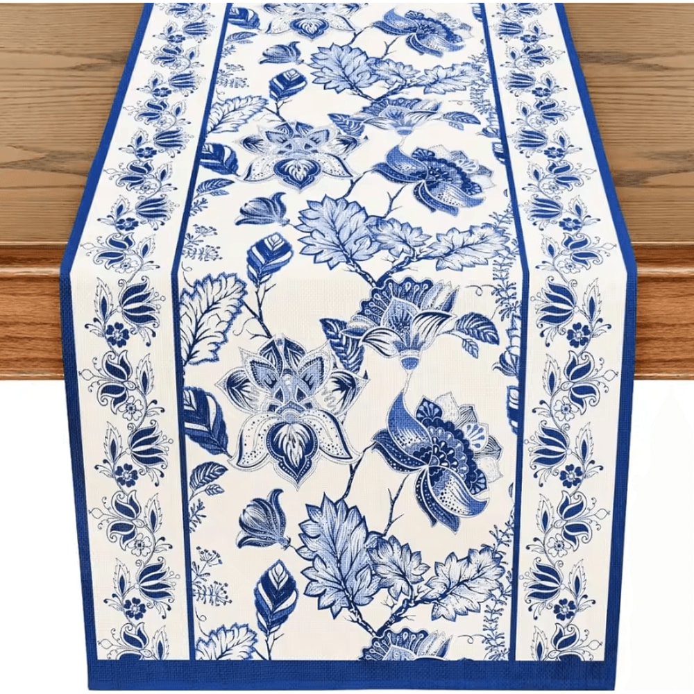 Summer Blue Floral Linen Table Runner Farmhouse Dining Wedding Table Decor 0