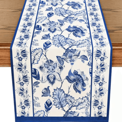 summer blue floral linen table runner – farmhouse dining & wedding table decor