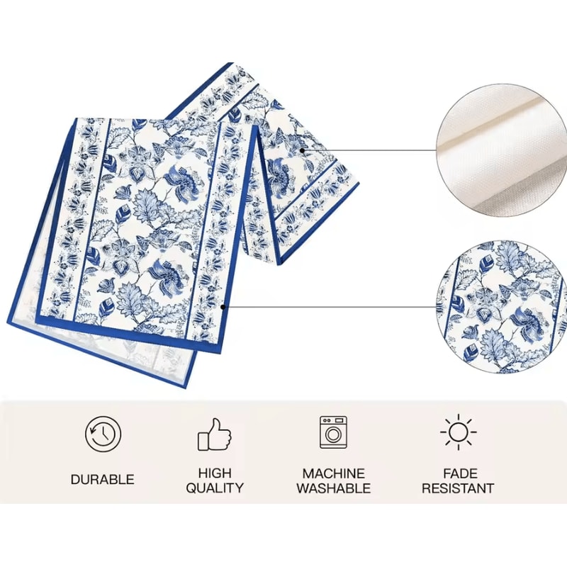 Summer Blue Floral Linen Table Runner Farmhouse Dining Wedding Table Decor 1