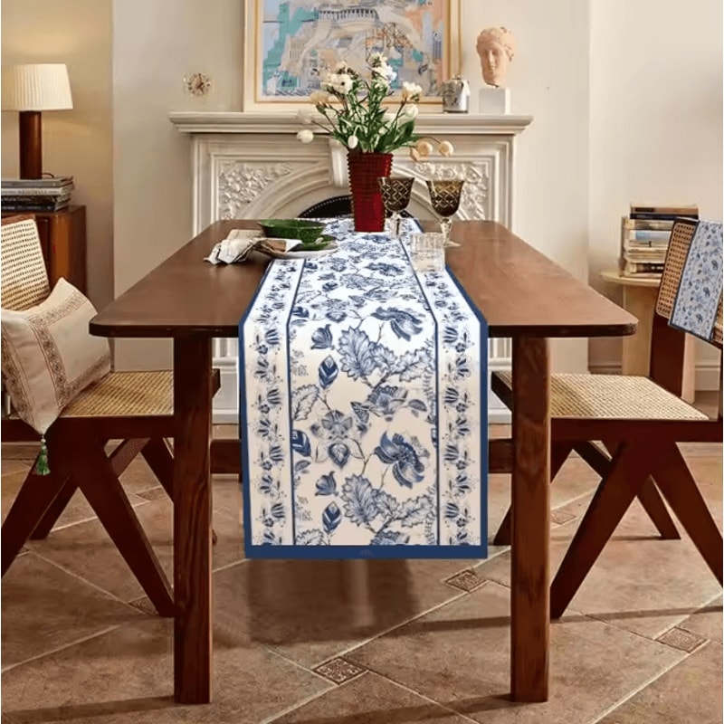 Summer Blue Floral Linen Table Runner Farmhouse Dining Wedding Table Decor 2