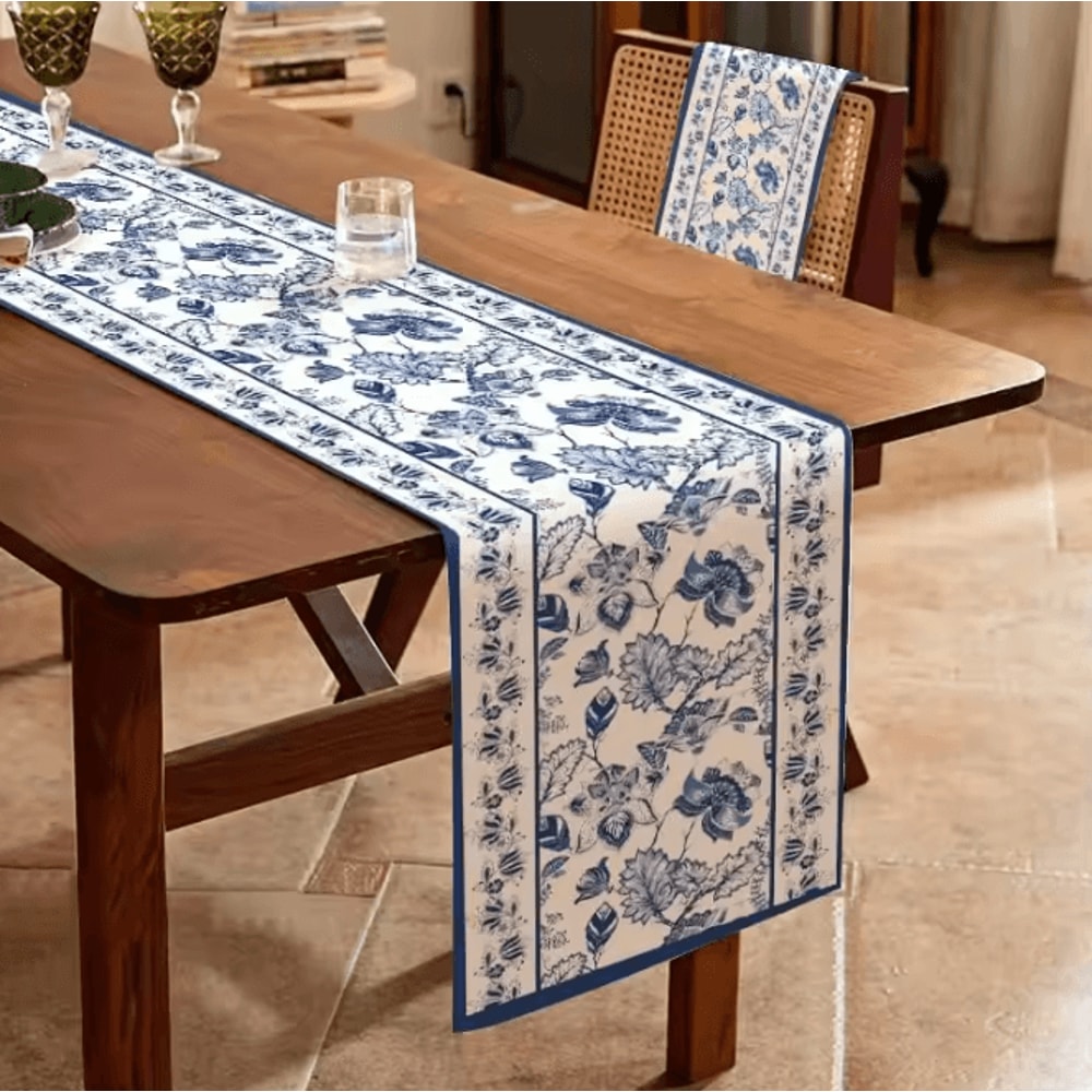 Summer Blue Floral Linen Table Runner Farmhouse Dining Wedding Table Decor 3
