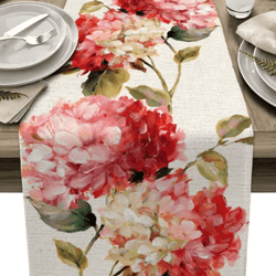 vintage tulip floral linen table runner – farmhouse oil painting style dining decor