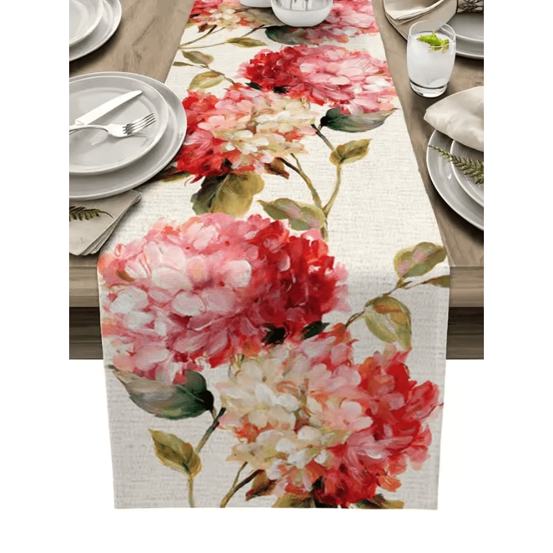 Vintage Tulip Floral Linen Table Runner Farmhouse Oil Painting Style Dining Decor 0