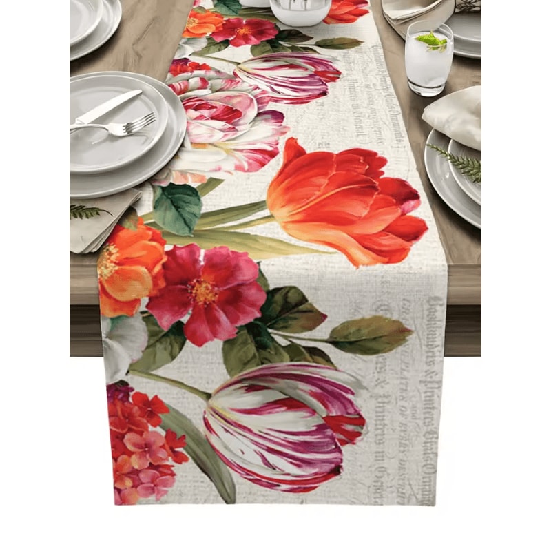 Vintage Tulip Floral Linen Table Runner Farmhouse Oil Painting Style Dining Decor 1
