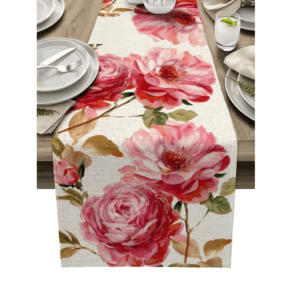 Vintage Tulip Floral Linen Table Runner Farmhouse Oil Painting Style Dining Decor 2