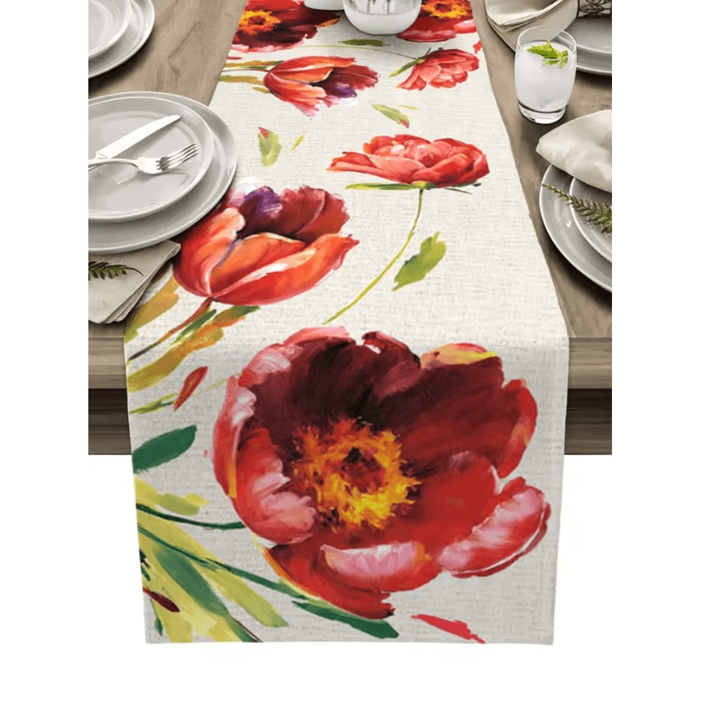 Vintage Tulip Floral Linen Table Runner Farmhouse Oil Painting Style Dining Decor 3