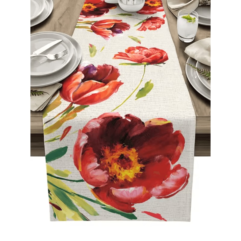 Vintage Tulip Floral Linen Table Runner Farmhouse Oil Painting Style Dining Decor 3