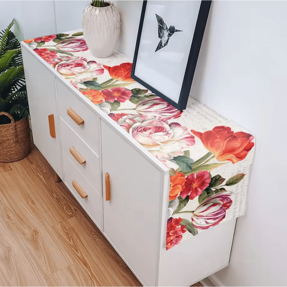 Vintage Tulip Floral Linen Table Runner Farmhouse Oil Painting Style Dining Decor 4