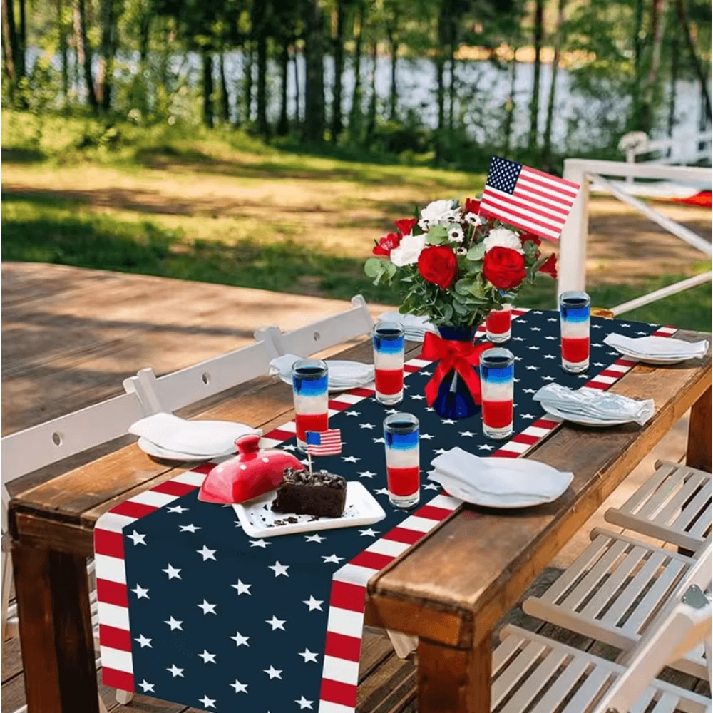 4th Of July Linen Table Runner Patriotic Farmhouse Dining Holiday Decor 2
