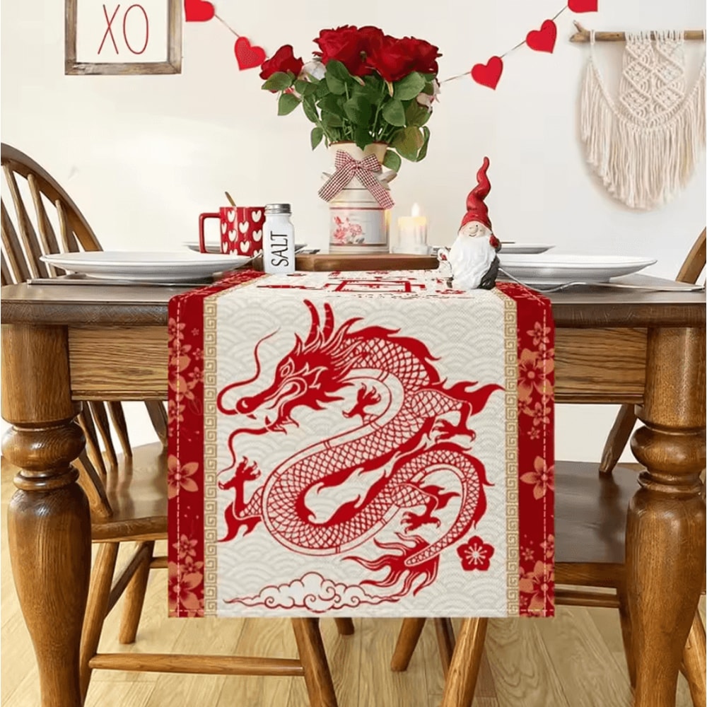 Chinese New Year Dragon Linen Table Runner Spring Festival Dining Decor 1