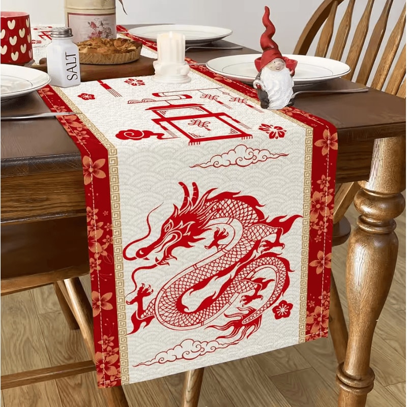 Chinese New Year Dragon Linen Table Runner Spring Festival Dining Decor 2