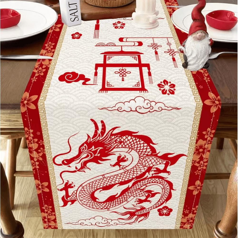 Chinese New Year Dragon Linen Table Runner Spring Festival Dining Decor 3