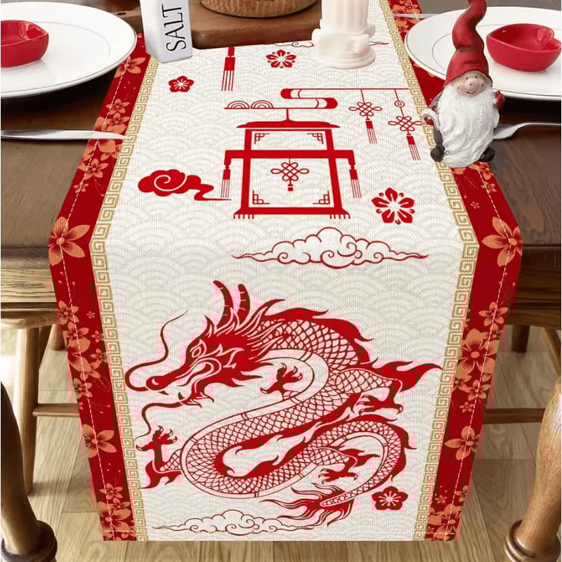 Chinese New Year Dragon Linen Table Runner Spring Festival Dining Decor 3
