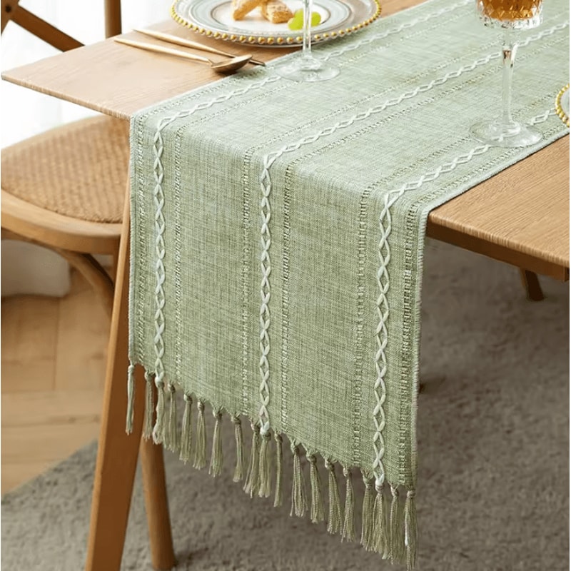 Boho Green Table Runner With Tassels Rustic Cotton Linen Farmhouse Dining Decor 0