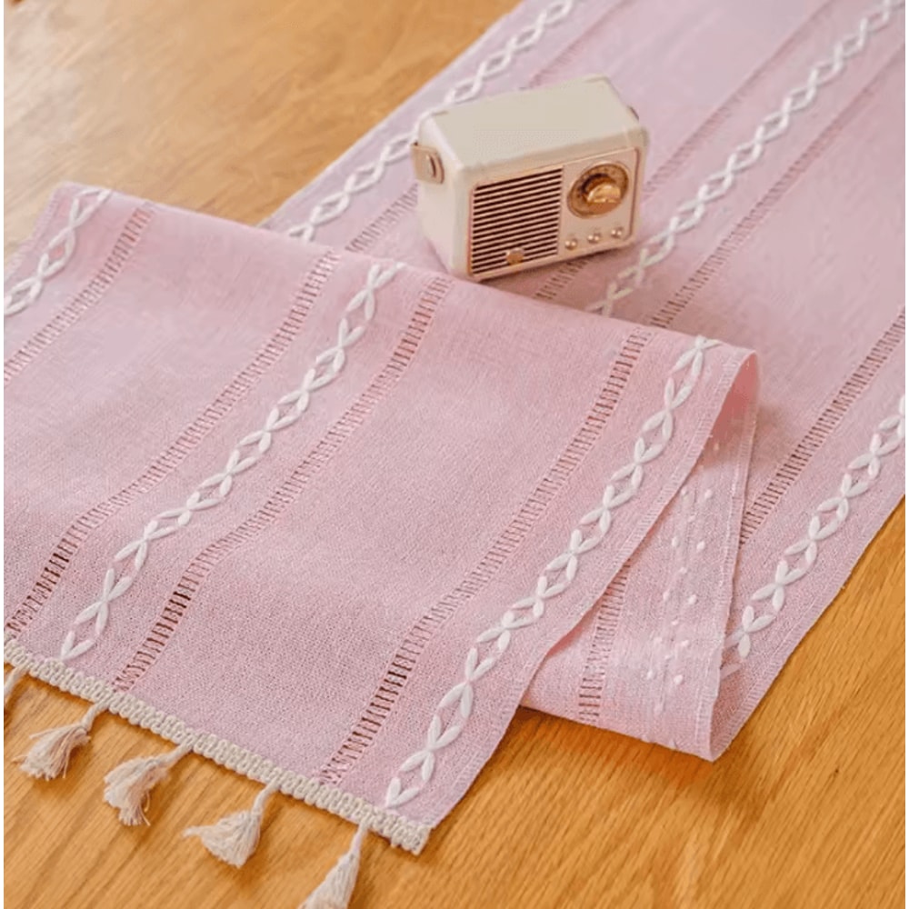 Boho Green Table Runner With Tassels Rustic Cotton Linen Farmhouse Dining Decor 2