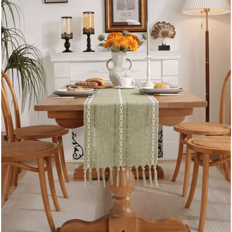 Boho Green Table Runner With Tassels Rustic Cotton Linen Farmhouse Dining Decor 3