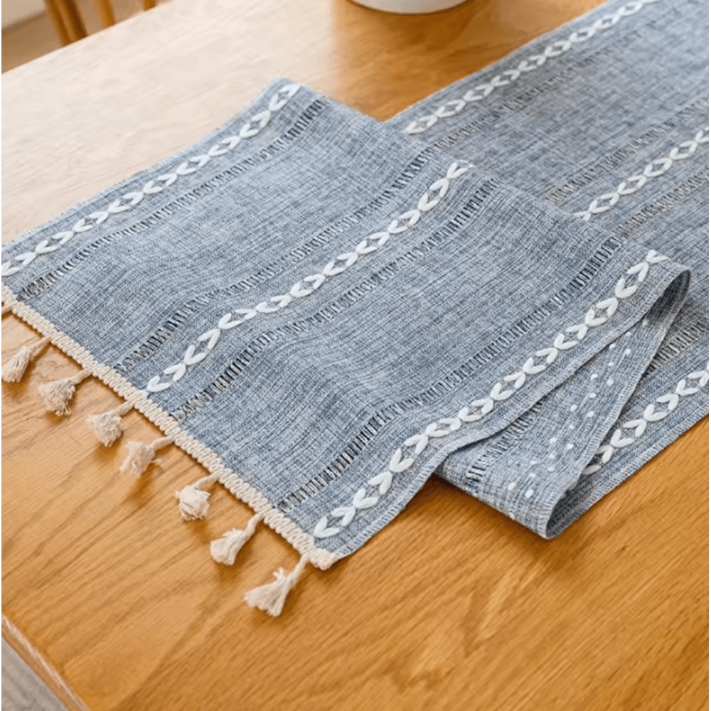 Boho Green Table Runner With Tassels Rustic Cotton Linen Farmhouse Dining Decor 5