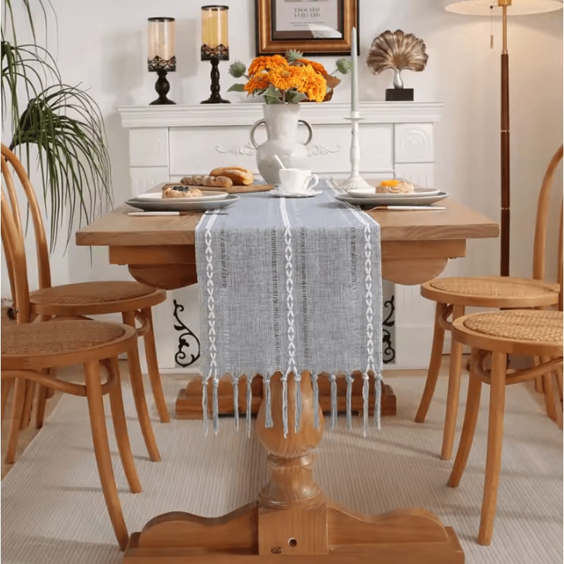 Boho Green Table Runner With Tassels Rustic Cotton Linen Farmhouse Dining Decor 6