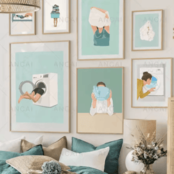 nordic laundry girl canvas wall art – minimalist bathroom & living room poster decor